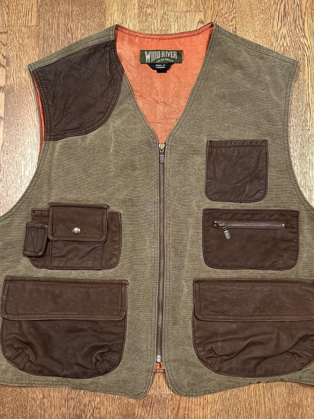 Vintage 90s Wind River Leather Canvas Zip Shooting Vest Khaki Jacket Mens Large